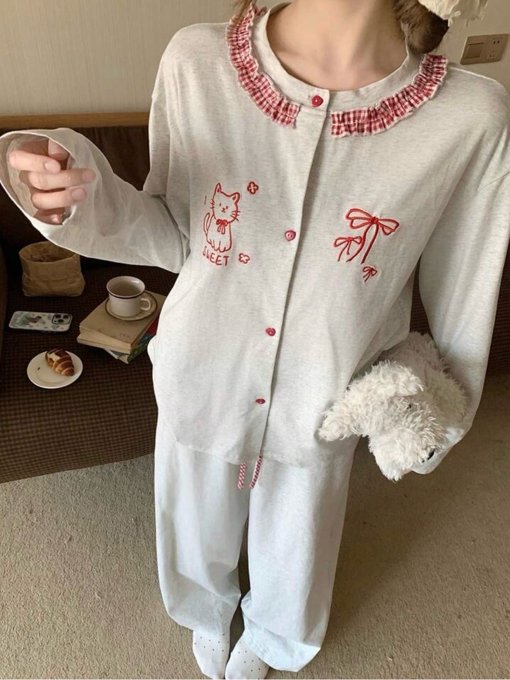 Women Cotton Pajama Set with Red Embroidery and Ruffle Collar